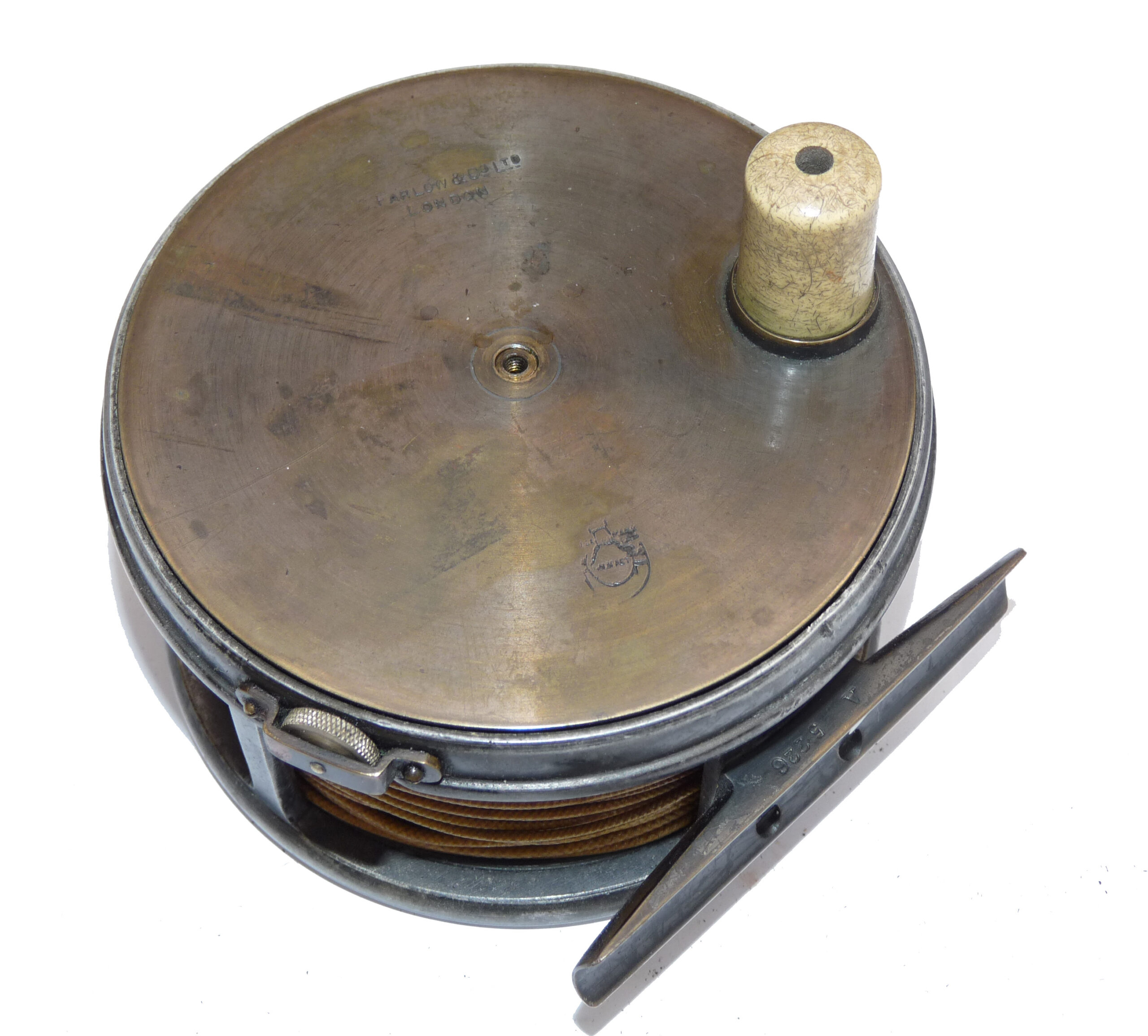 Farlow 4.5" brass faced antique salmon fly reel + Farlow leather case & silk line - Image 4