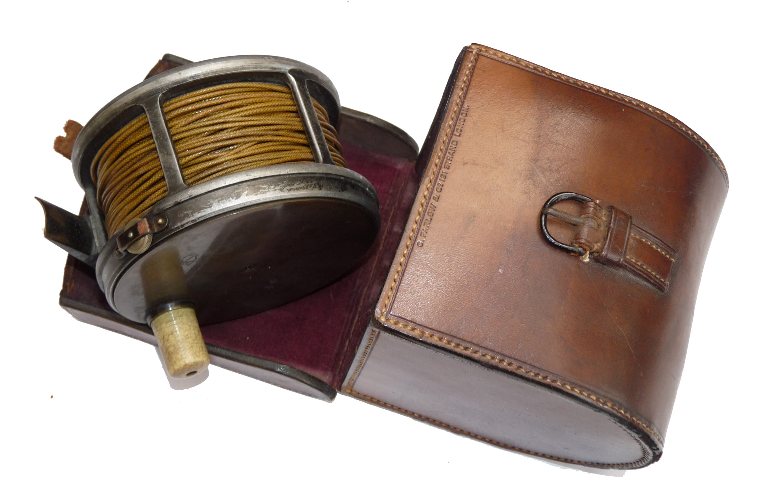 Farlow 4.5" brass faced antique salmon fly reel + Farlow leather case & silk line