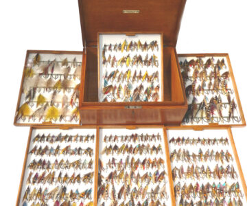 Farlow wood fly reservoir cabinet 300+ gut eye salmon flies inc eagle 3-1/4" c1900