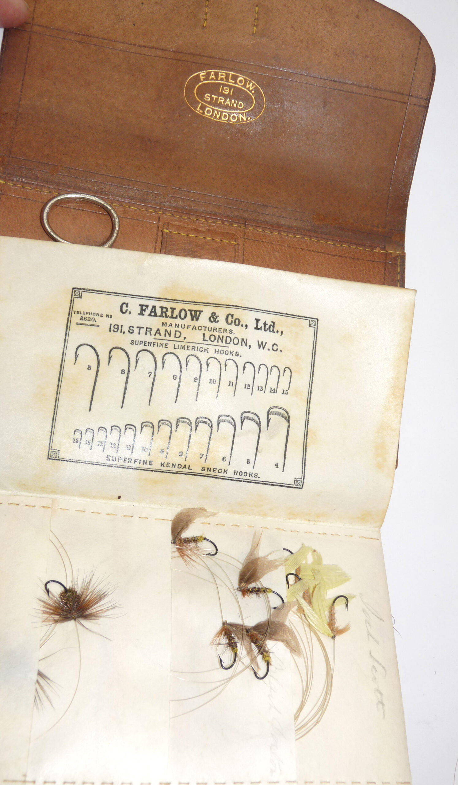 Farlow 191 Strand London antique leather fly wallet,flies to gut sprays, hook scale + tools, superb - Image 3