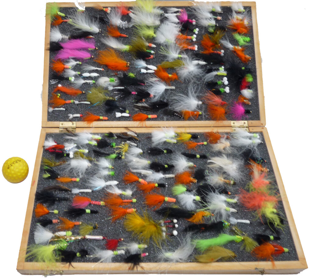 Large wooden fly reservoir, trout lures, gold, polyheads, Marabou