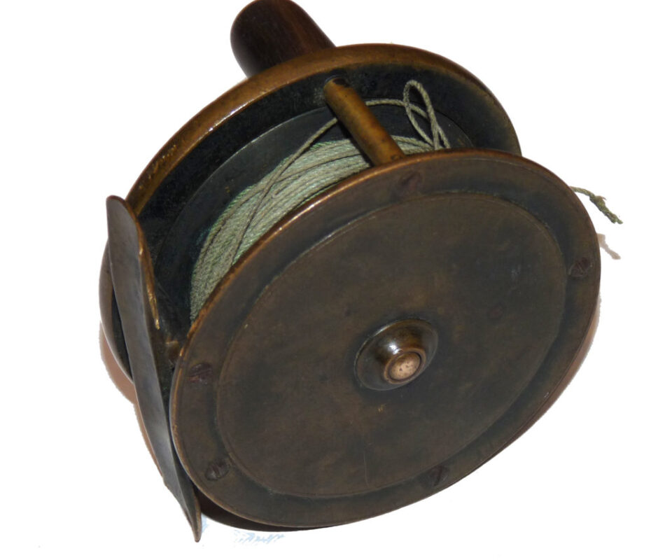 Alternative view of W Garden Aberdeen 3" brass fly reel c 1900 with all original bronzing