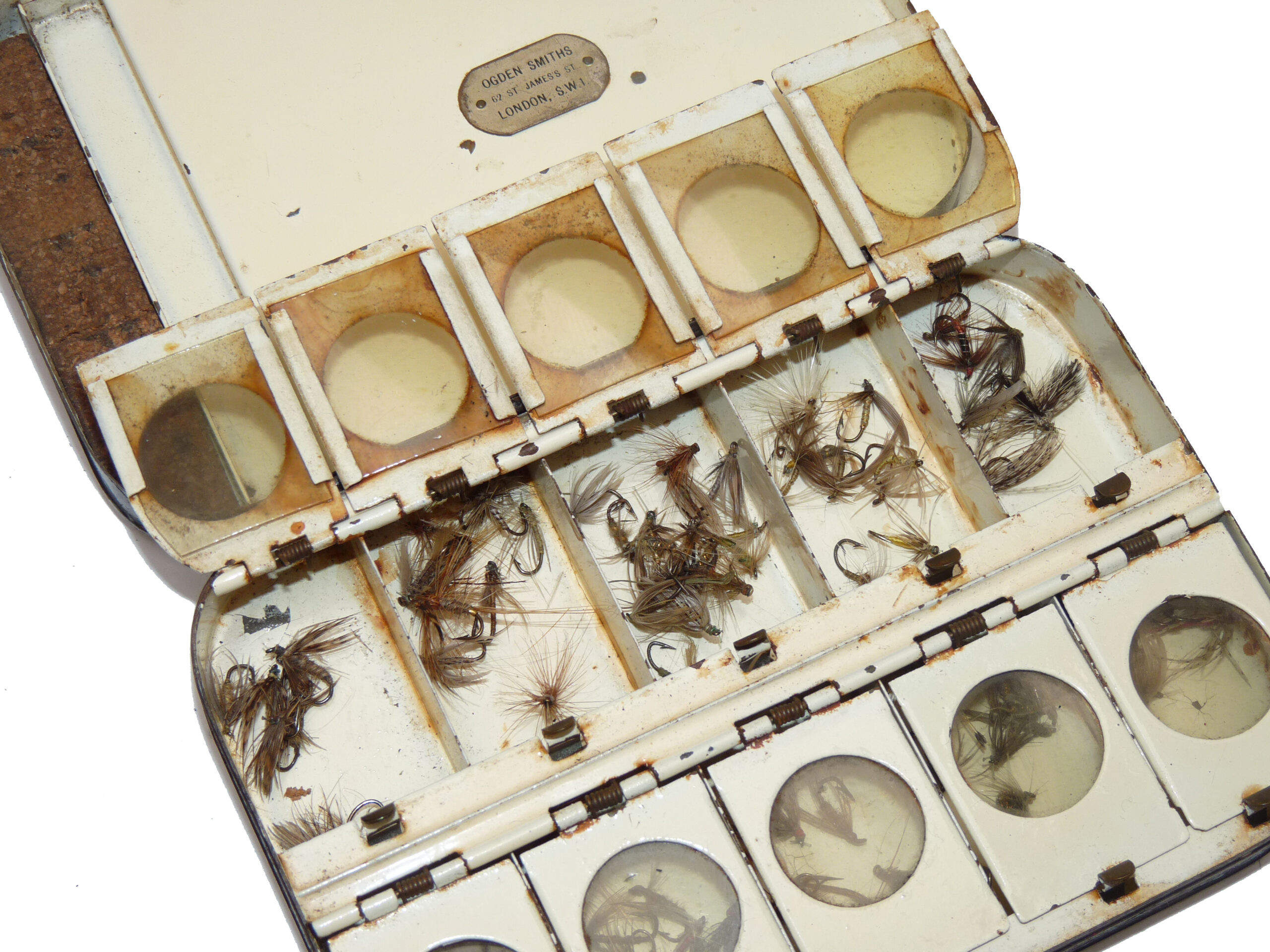 Ogden Smith of London antique black japanned Mascot pocket fly & cast box + flies - Image 2