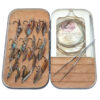 Hardy antique black japanned box + 20 Gut Eye Salmon Flies suit collector