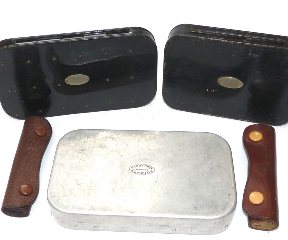 3 Hardy antique fly boxes+ 20 gut eye salmon flies + leather line cleaners Gary Brooker