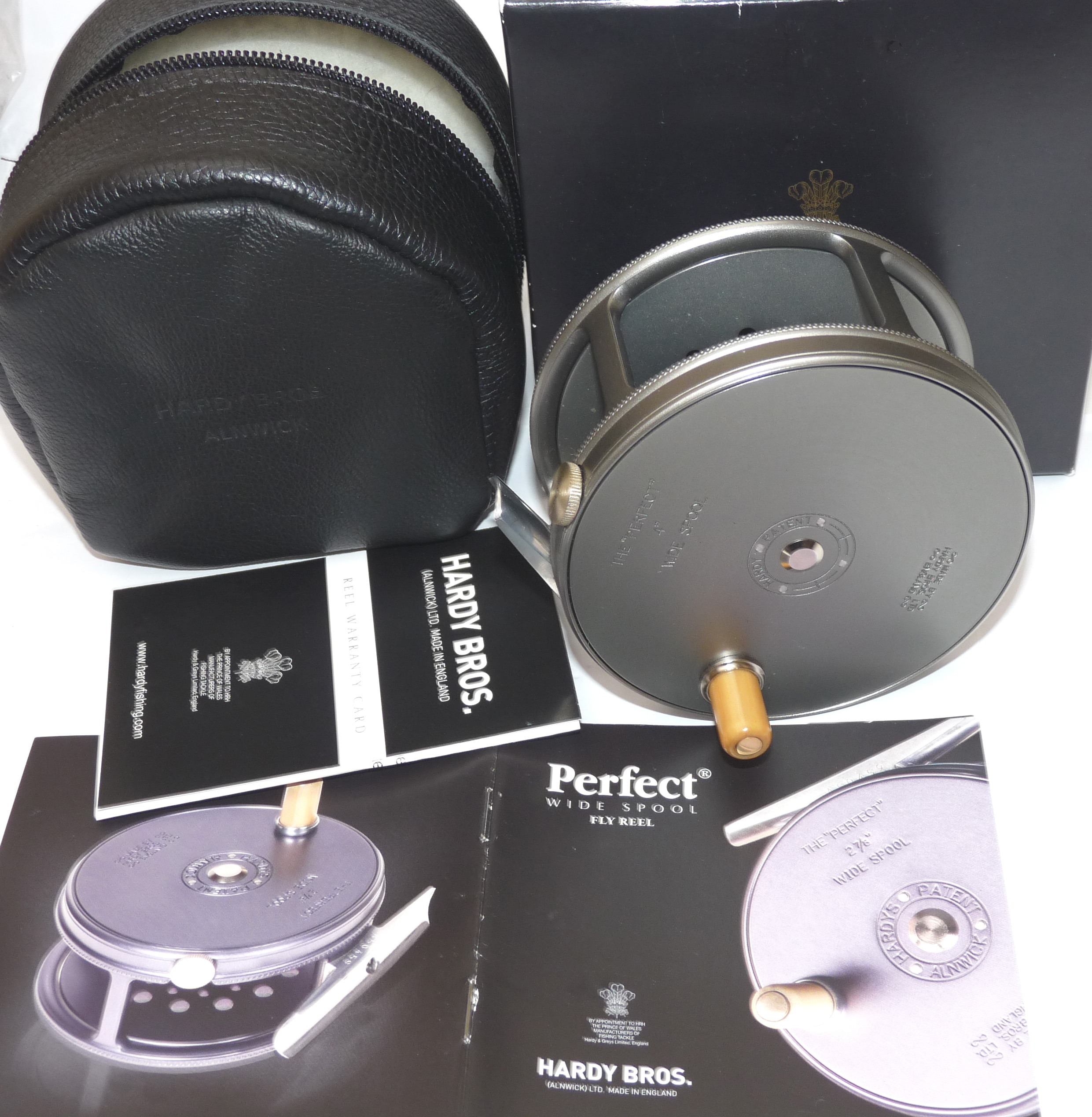 Hardy Perfect 4" Wide Spool salmon fly reel, RHW + handbook warranty card, case & outer box