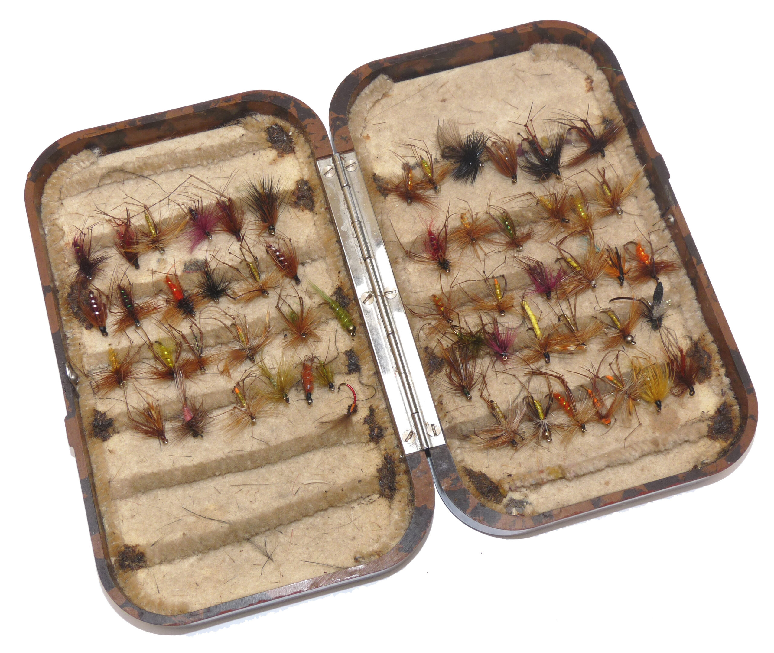 Hardy Neroda vintage large deep pocket fly box Mottled brown finish + trout flies - Image 2