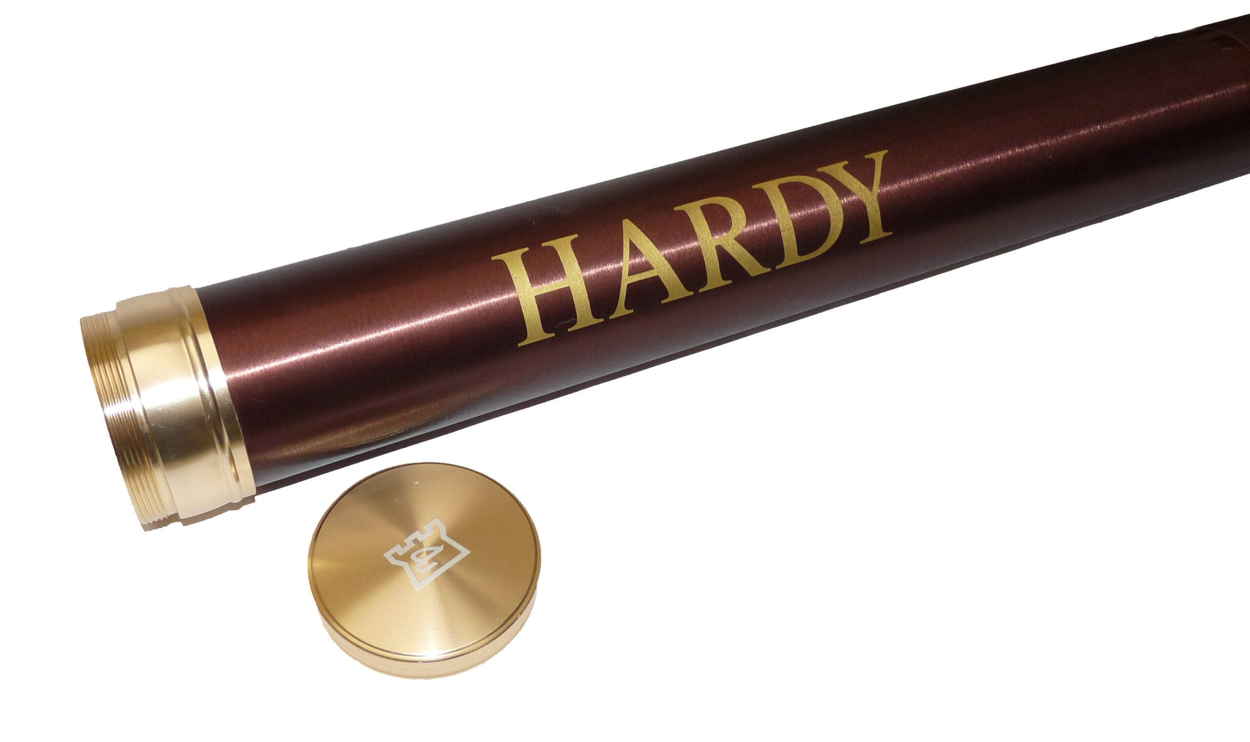 Hardy screw top alloy travel rod tube 24" long with gold finish cap use or display