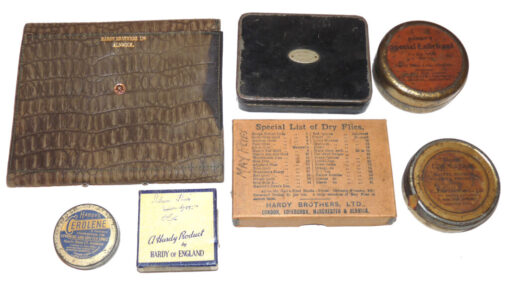 Hardy leather cast wallet with pockets vintage line tins fly boxes and flies for collector