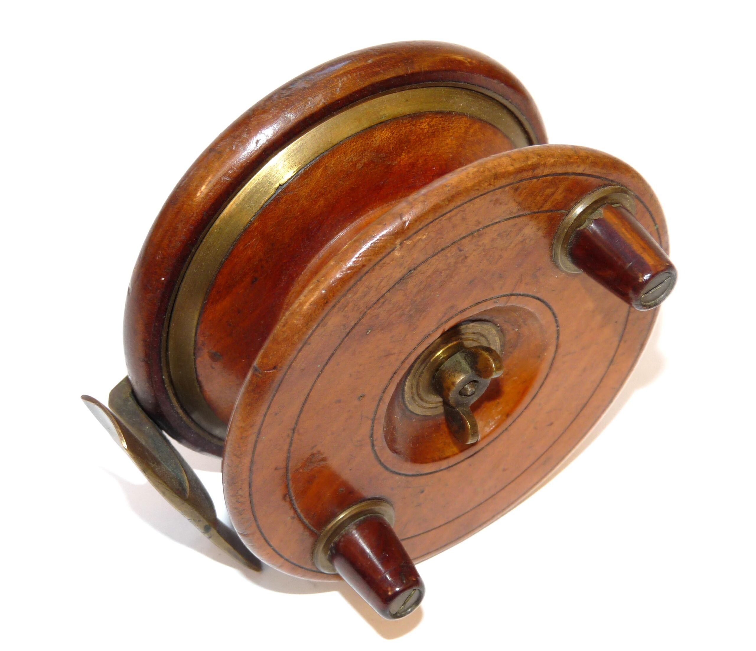 Heaton’s 4” mahogany starback Nottingham reel, brass spool lip Avon barbel chub fishing