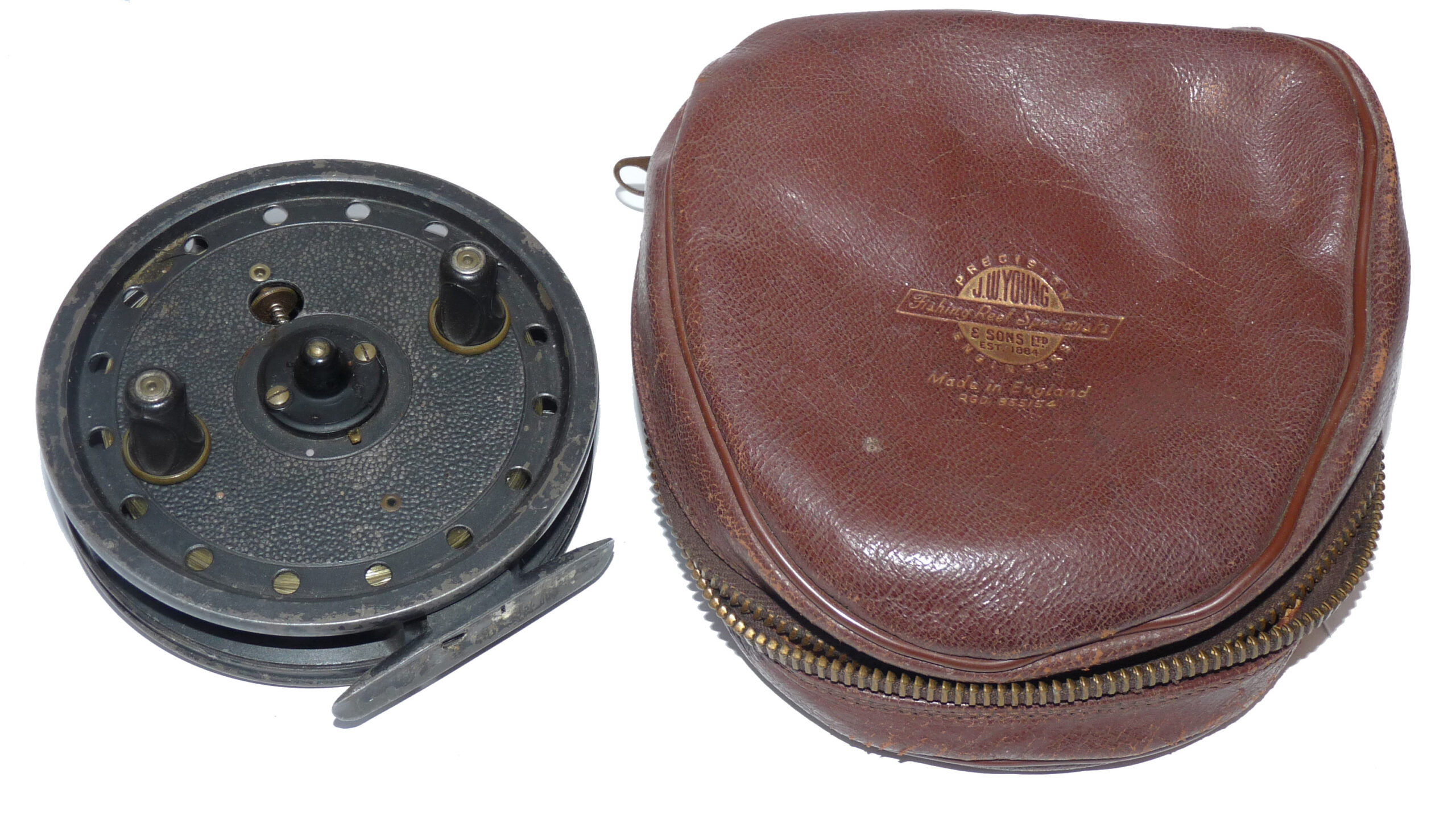 J W Young Rapidex 4” alloy centrepin trotting reel + Youngs padded leather reel case