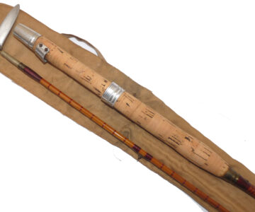 Alternative view of E. Kerry of Pickering, York 9’ two piece split cane trout fly rod with original bag, circa 1940s