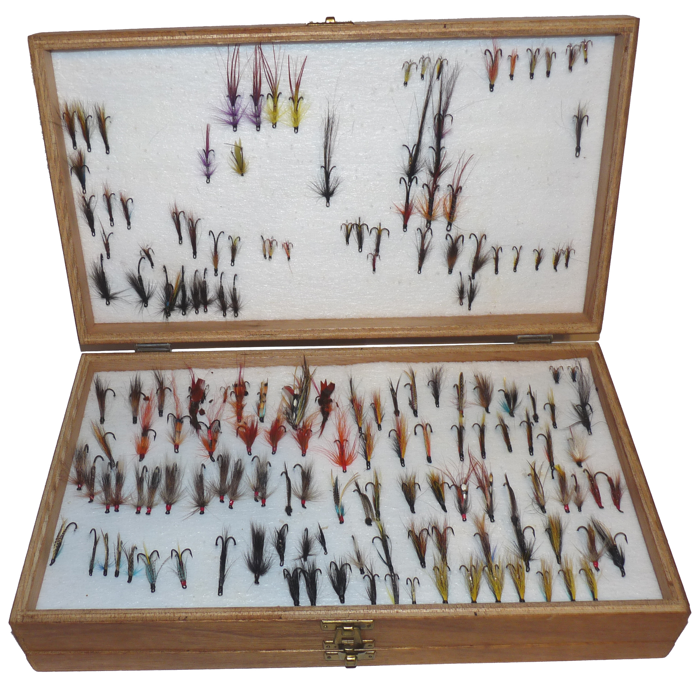 large collection of assorted salmon flies, tied on single, double + treble hooks in wood 3 layer box