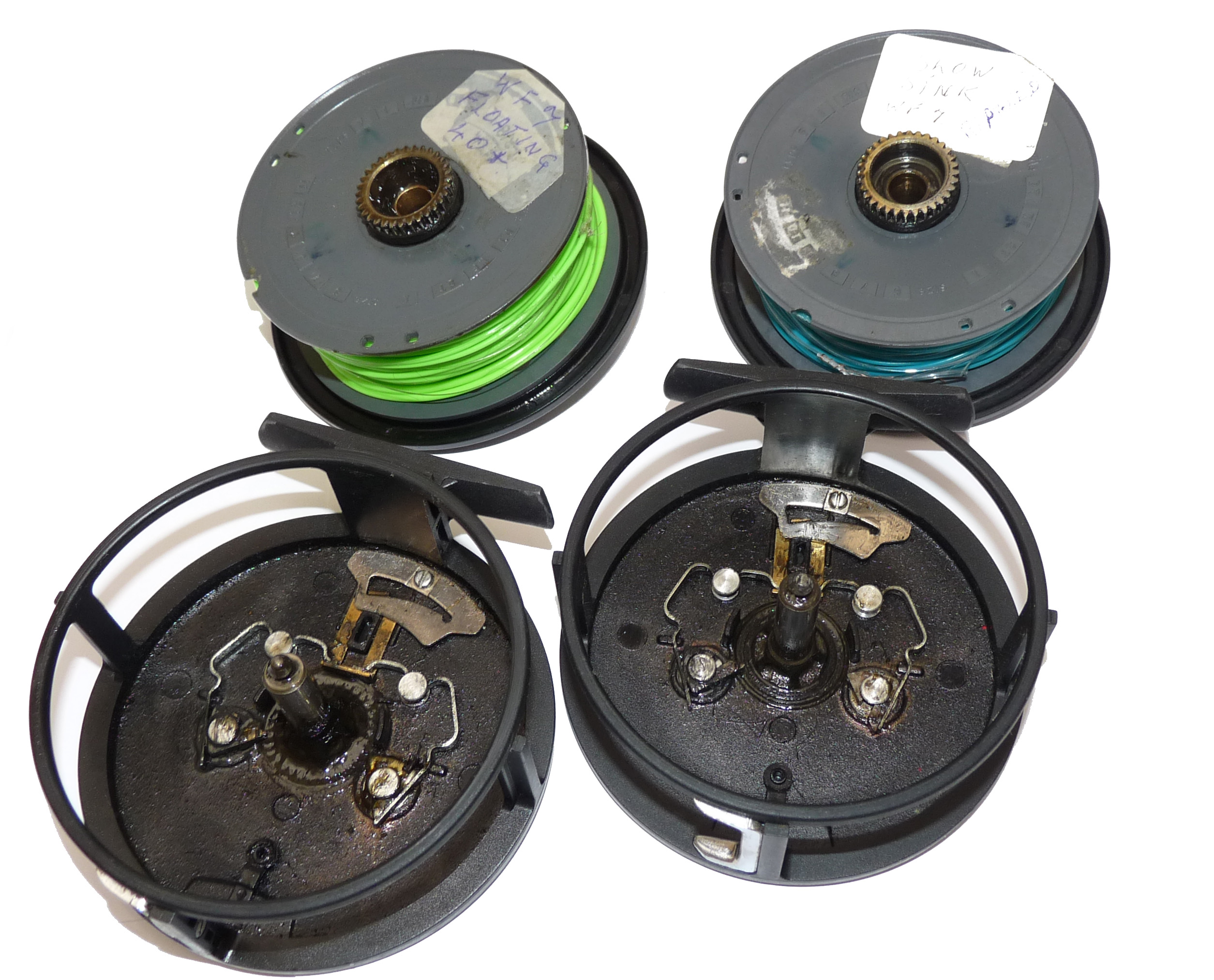 2 Leeda Lc100 trout fly reels 3.5" dia plus six spare spools and lines and  backing British Made