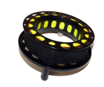 Alternative view of Loop Sweden Model 3 spare spool black finish with line Simms wrap & Loop case