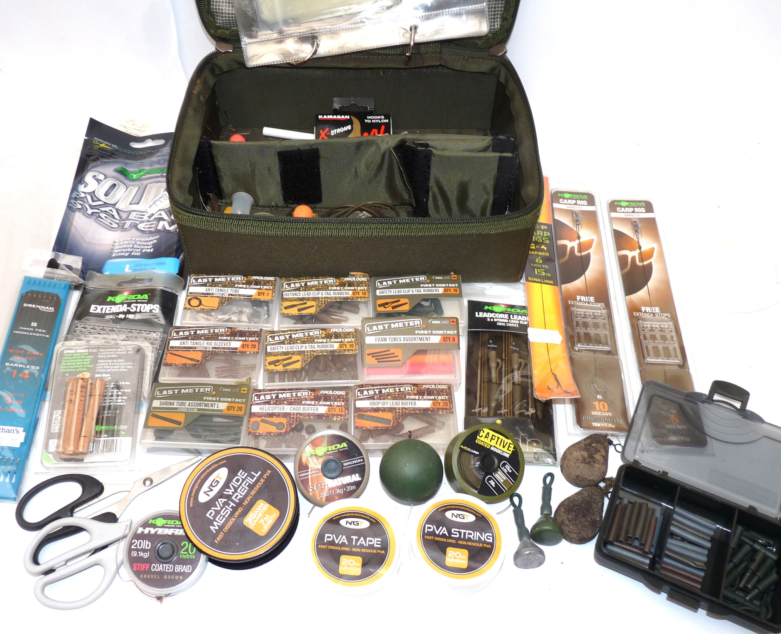Korda rigs, Prologic lead clips & tail rubbers, PVA tape, bags, scissors carp fishing NGT rig bag