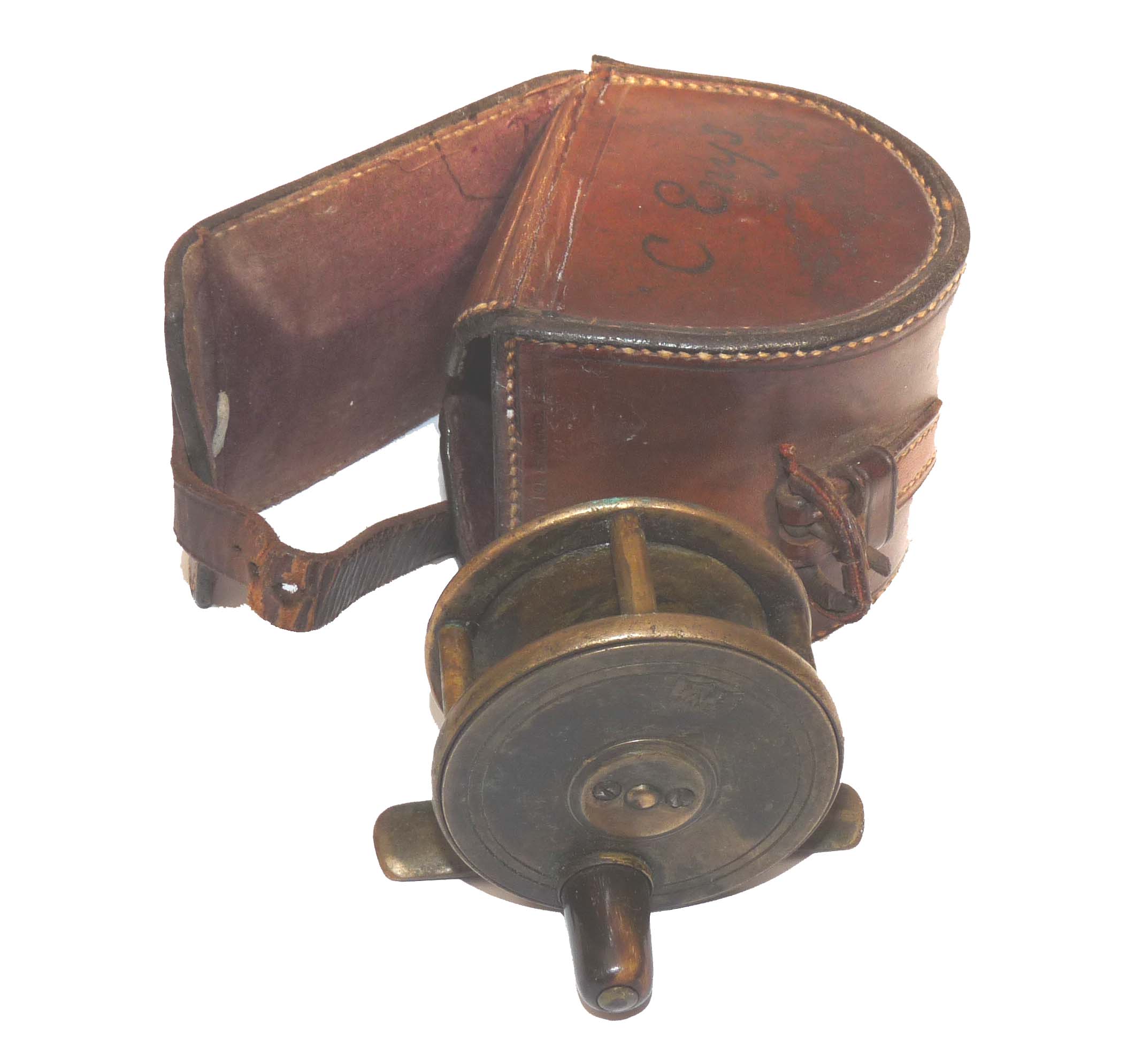 W R Pape of Newcastle 2" antique brass brook trout fly reel + Farlow leather reel case