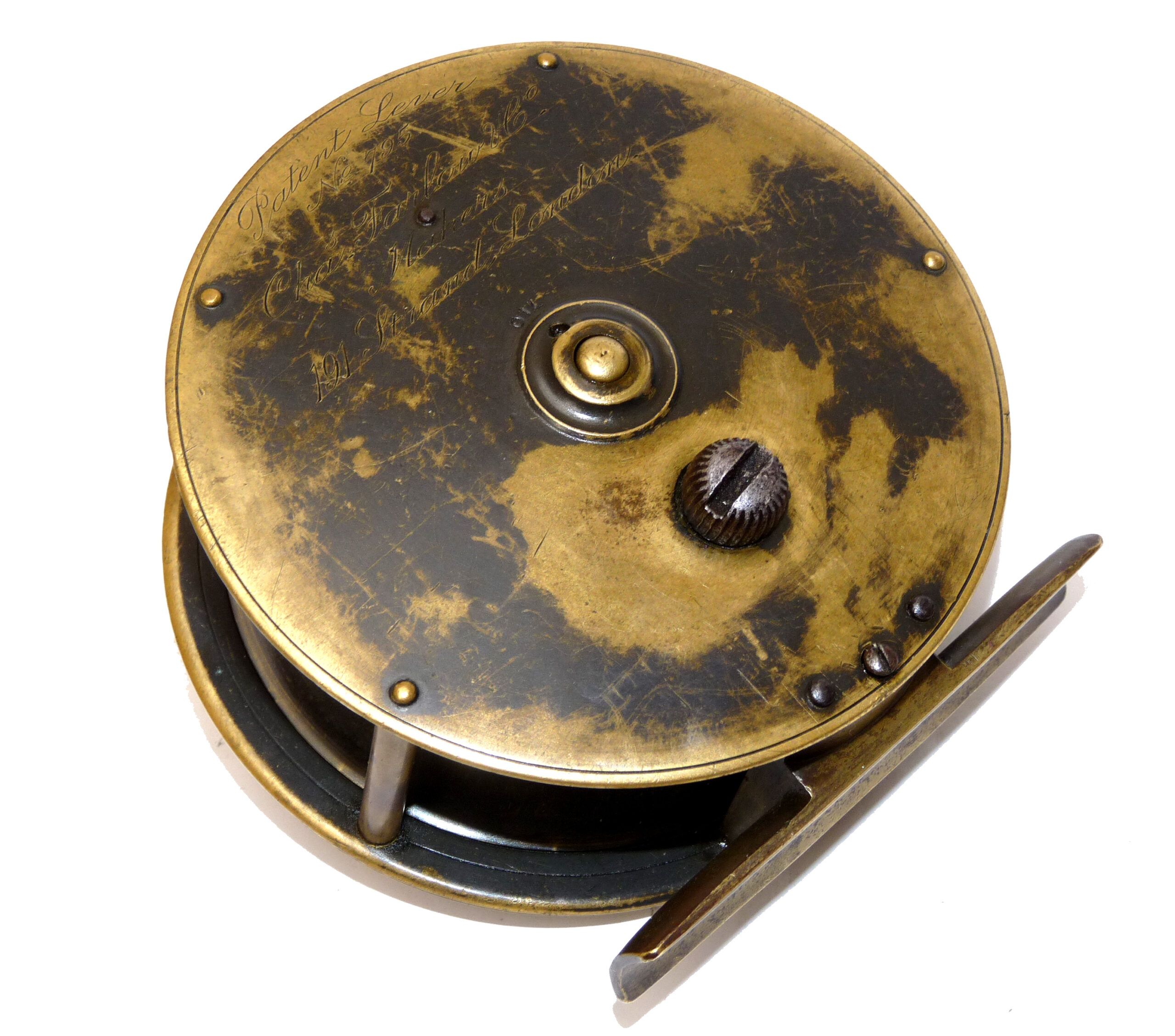 Chas Farlow & Co. Makers 191 Strand London.” Patent Lever 4" all brass salmon fly reel pre 1900 - Image 2