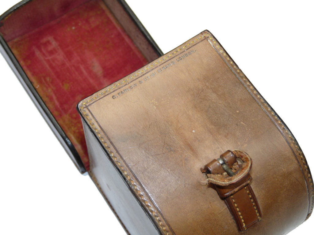 Alternative view of C. Farlow & Co block leather reel case for fly reel/ side casters