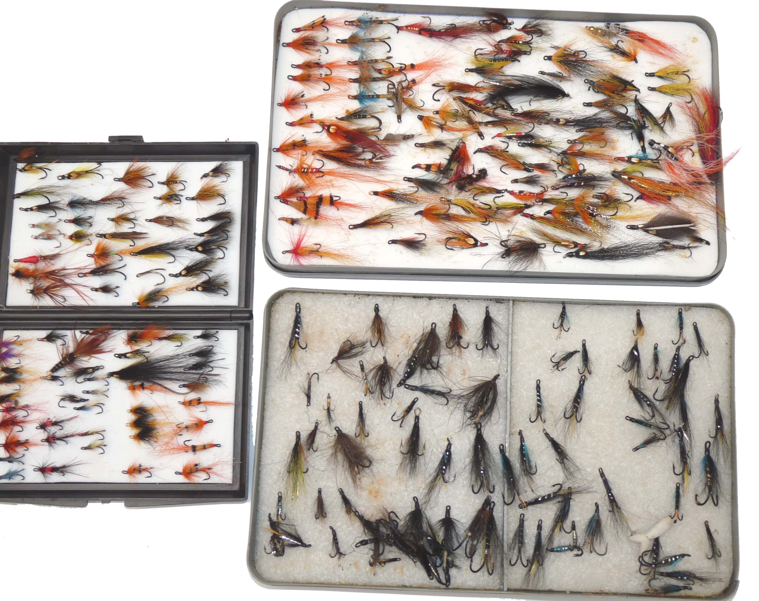 large collection salmon flies double + treble black hooks all patterns in 3 boxes