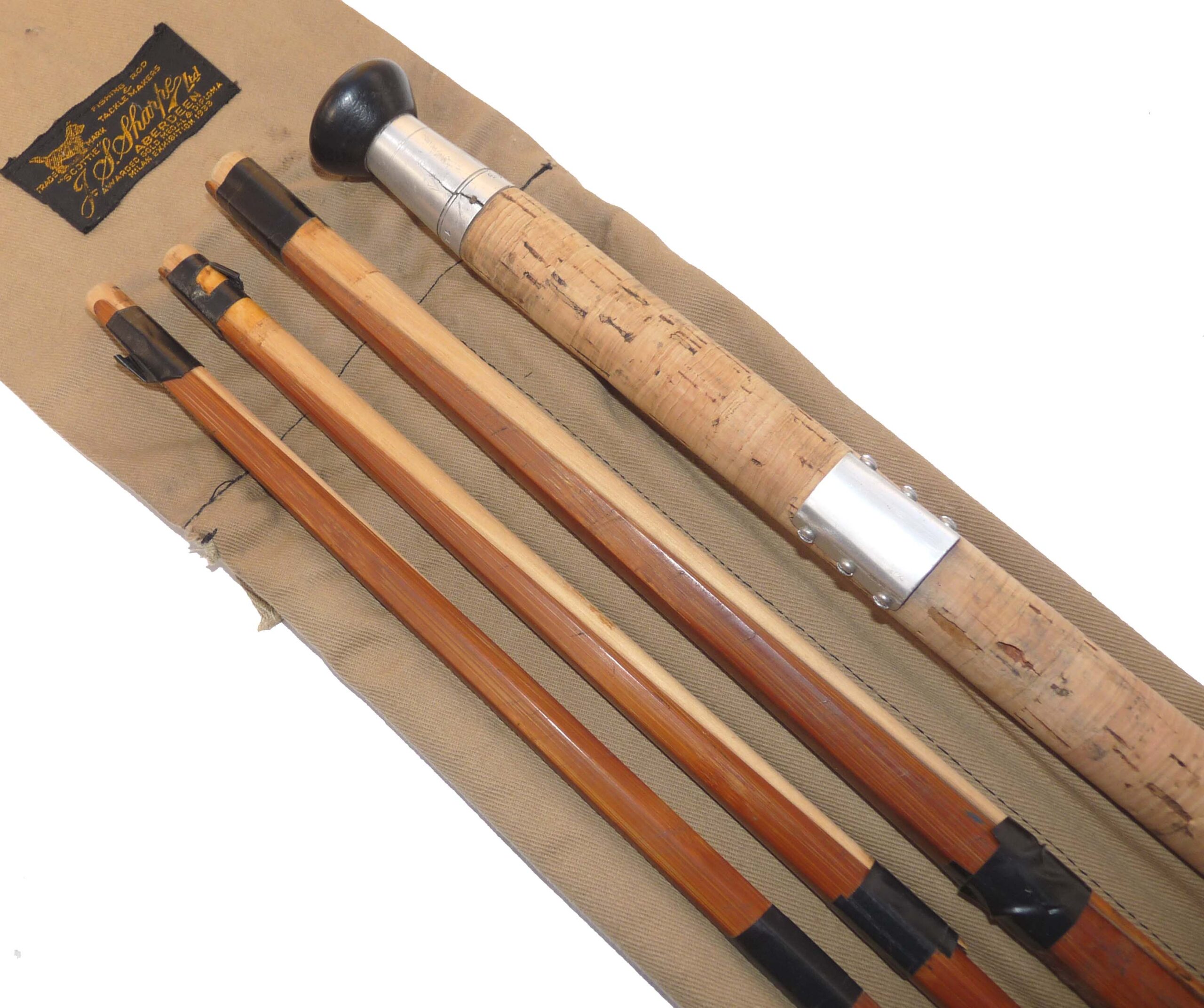 Sharpe’s “Scottie” 14’ 3pce split cane salmon fly rod, factory correct spare tip & spliced joints
