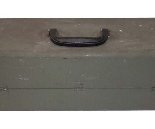 Sport King, USA antique metal tackle box, measures 19 x 7 x 7, 3 working  hasps, lock with key and leather handle