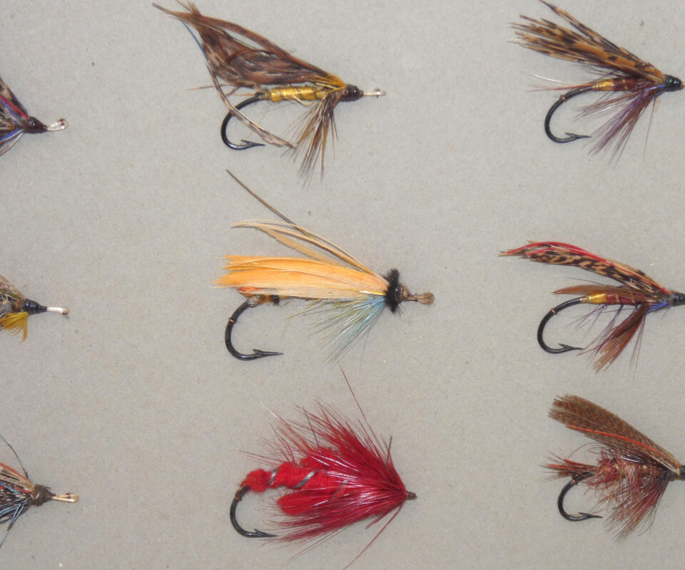 Alternative view of 27 antique gut eyed salmon flies on grey card, hook sizes 1-3