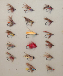 27 antique gut eyed salmon flies on grey card, hook sizes 1-3