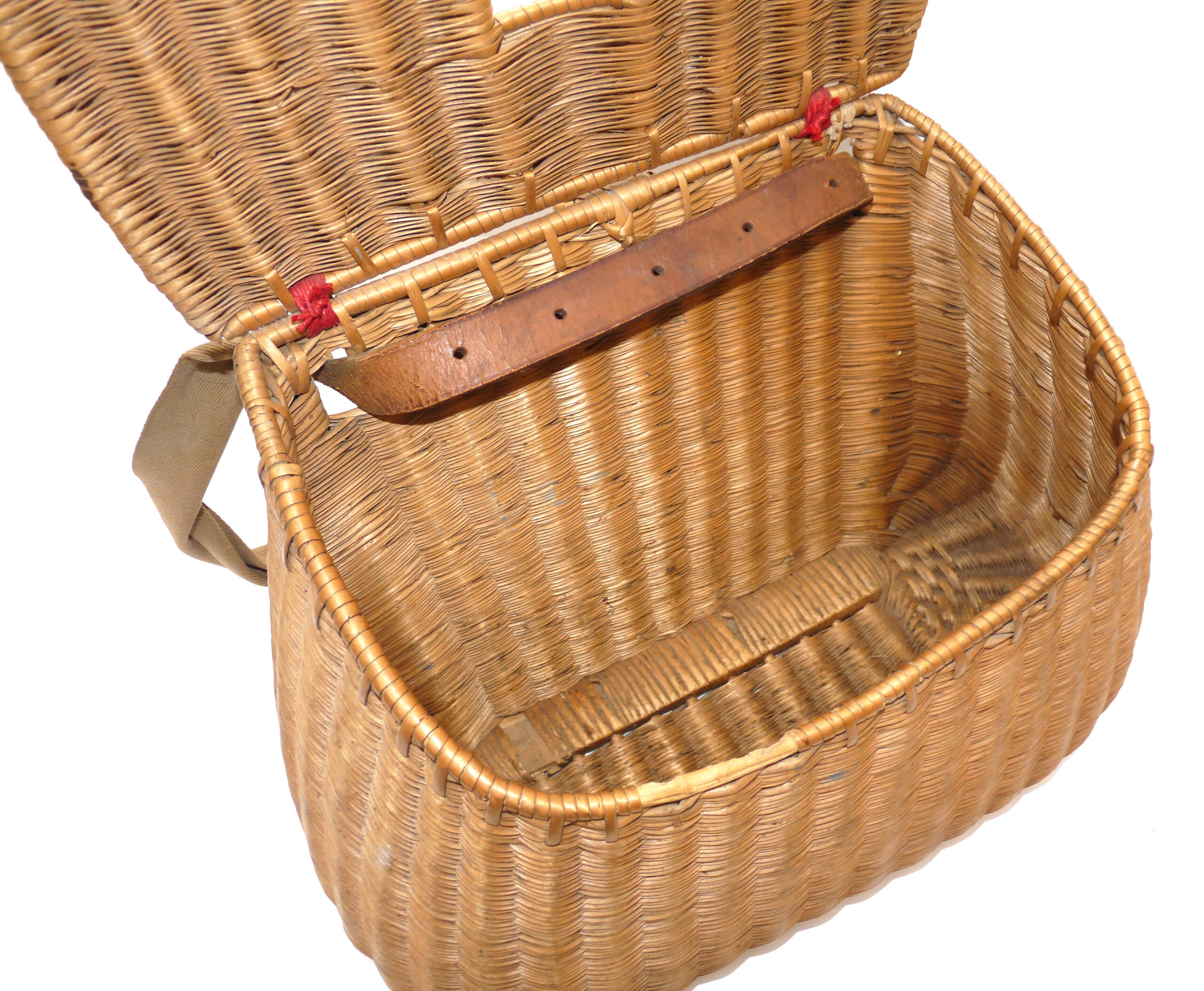 French split reed antique fly fishing creel, centre slot with canvas leather strap - Image 4
