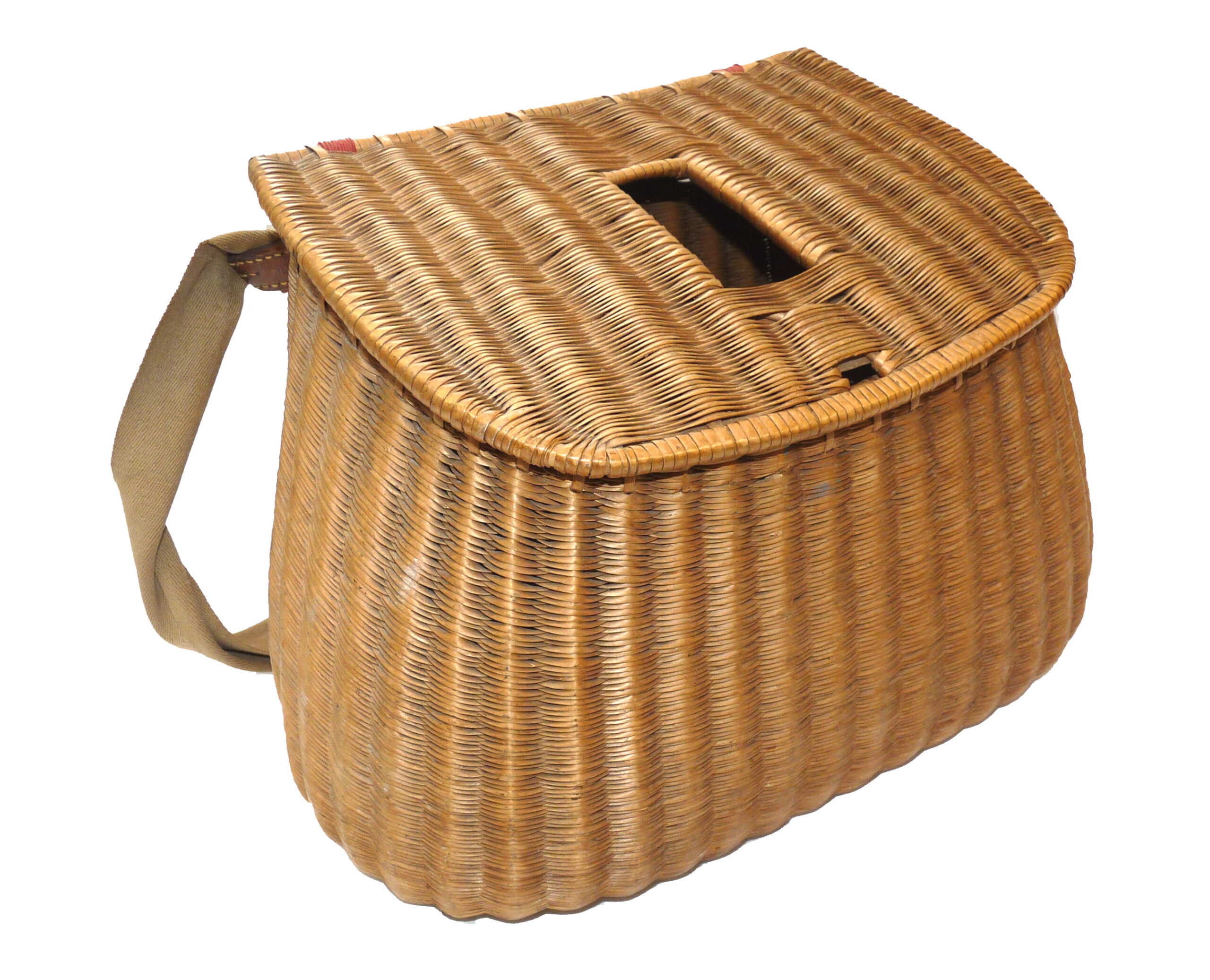 French split reed antique fly fishing creel, centre slot with canvas leather strap