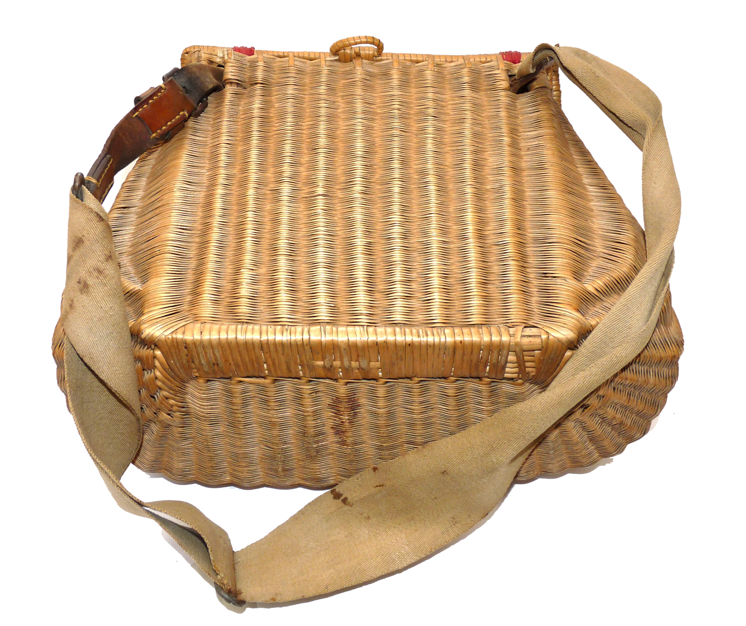 French split reed antique fly fishing creel, centre slot with canvas leather strap - Image 3