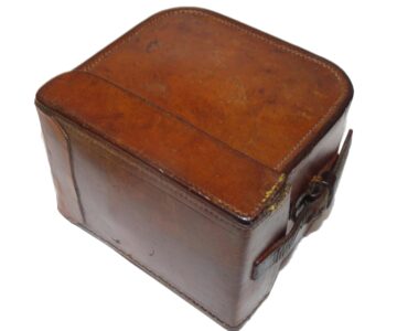 Unusual square D shaped block leather reel case for vintage salmon fly and drum spin reels