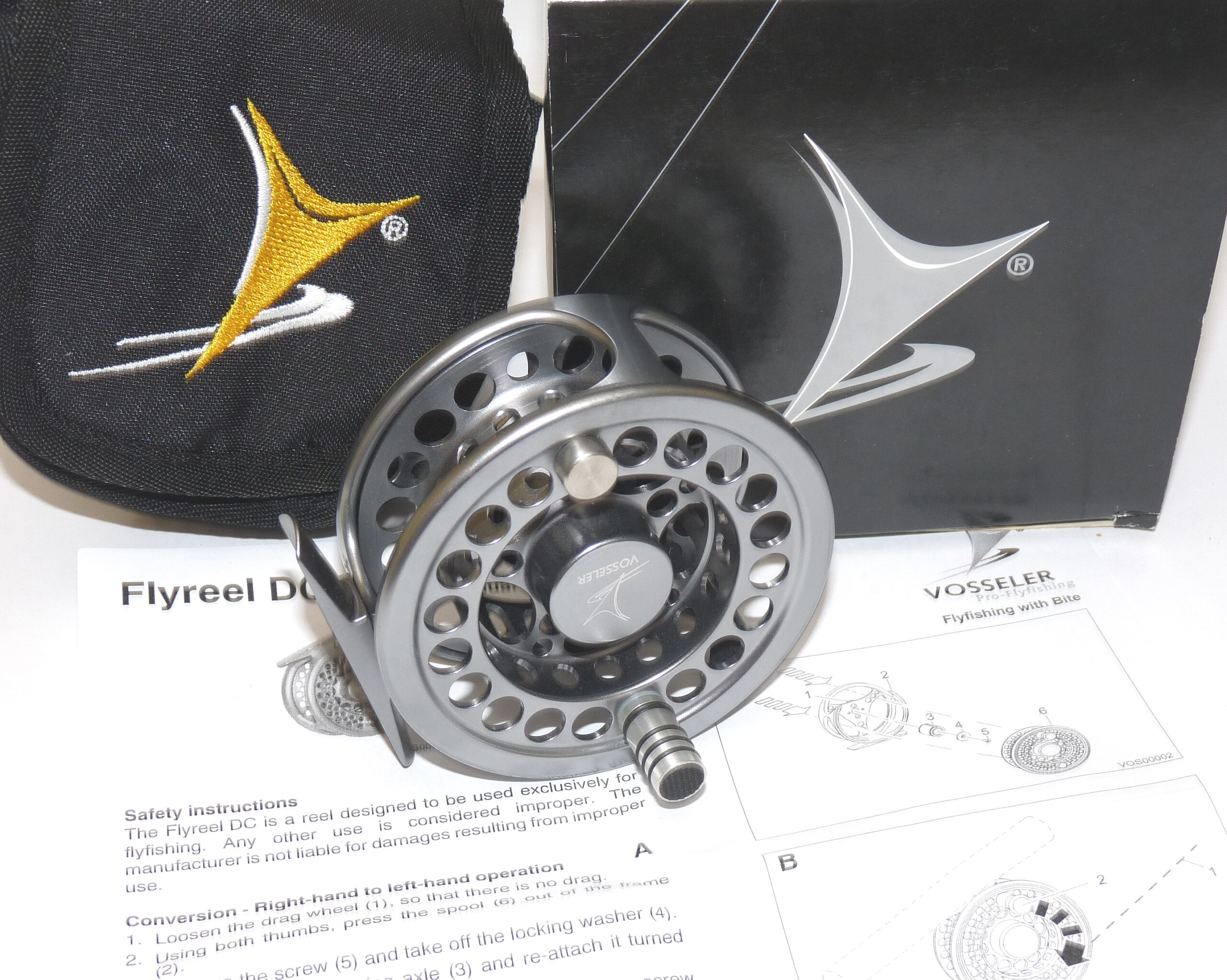 Vosseler Germany DC 2-#5/6 large arbor fly reel, old shop stock, case box & papers