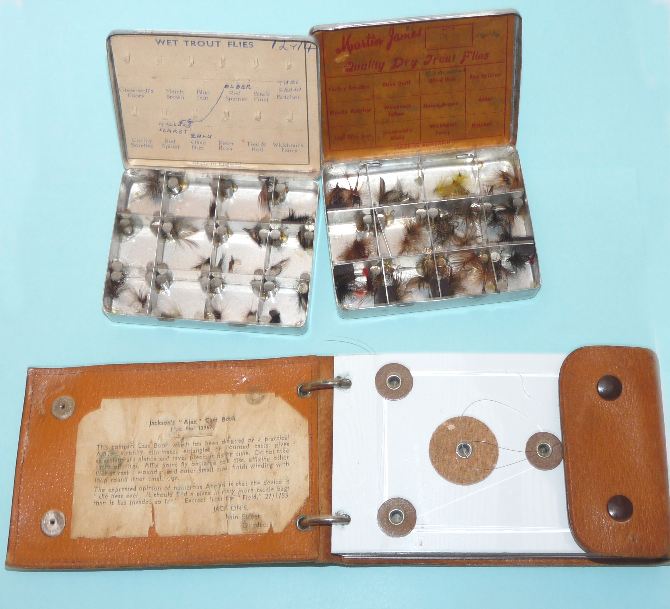 Jackson’s Ajax Patent vintage cast wallet + 2 alloy dry wet fly boxes n flies Martin James