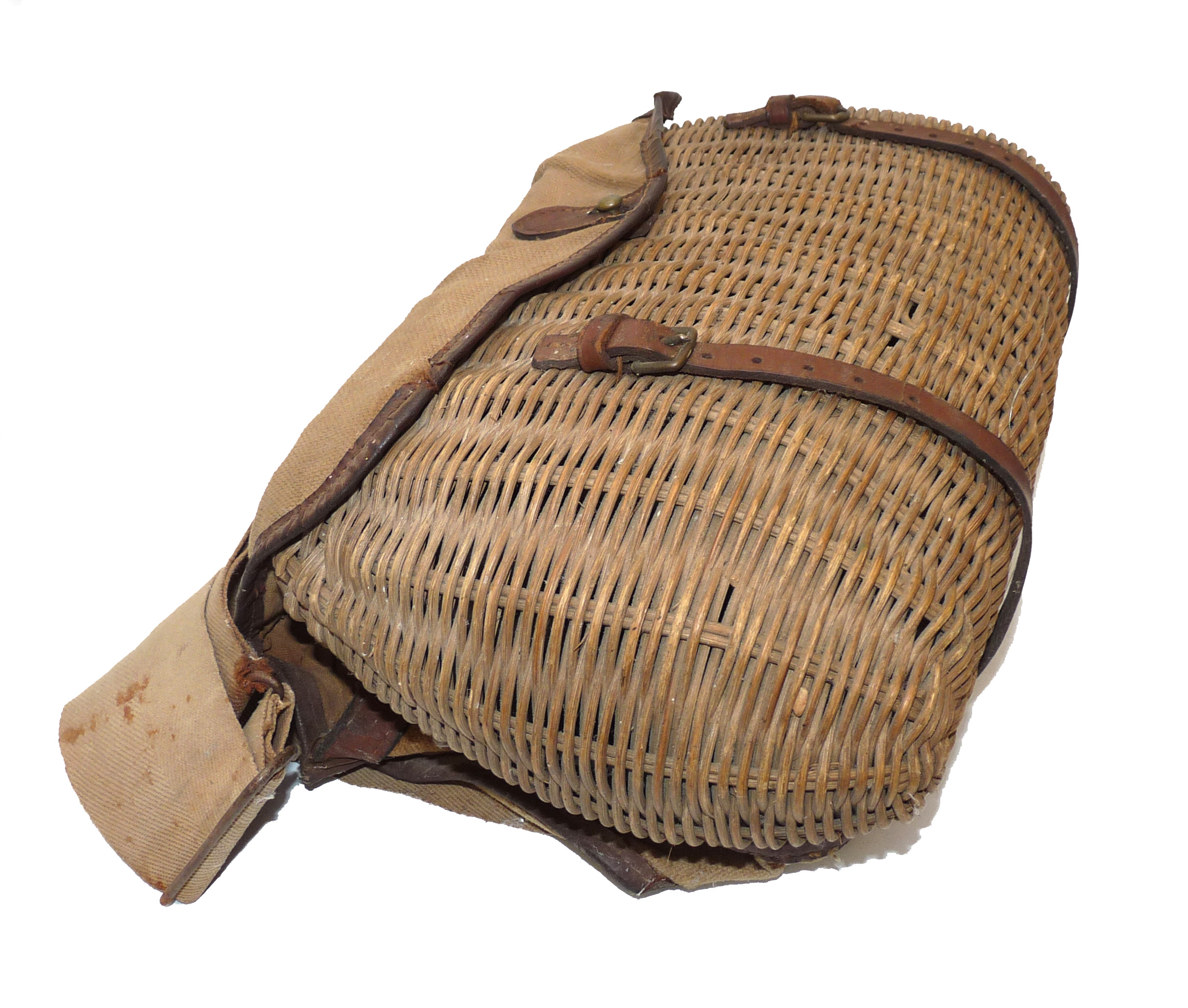 wicker fly fishers creel with a rear canvas bag, scarce antique model to collect or use - Image 5