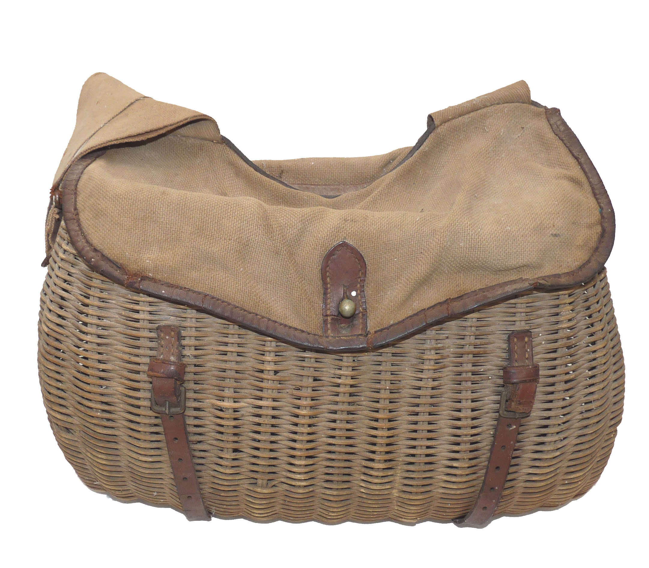 wicker fly fishers creel with a rear canvas bag, scarce antique model to collect or use