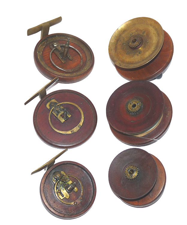 3 x Nottingham mahogany & brass starback reels, 4.5”, 4” & 3”, Slater latches, fish or display - Image 3