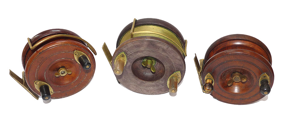 Allcock Nottingham English starback + two wooden reels, ratchet clicks 4.5” plus two x 4”.