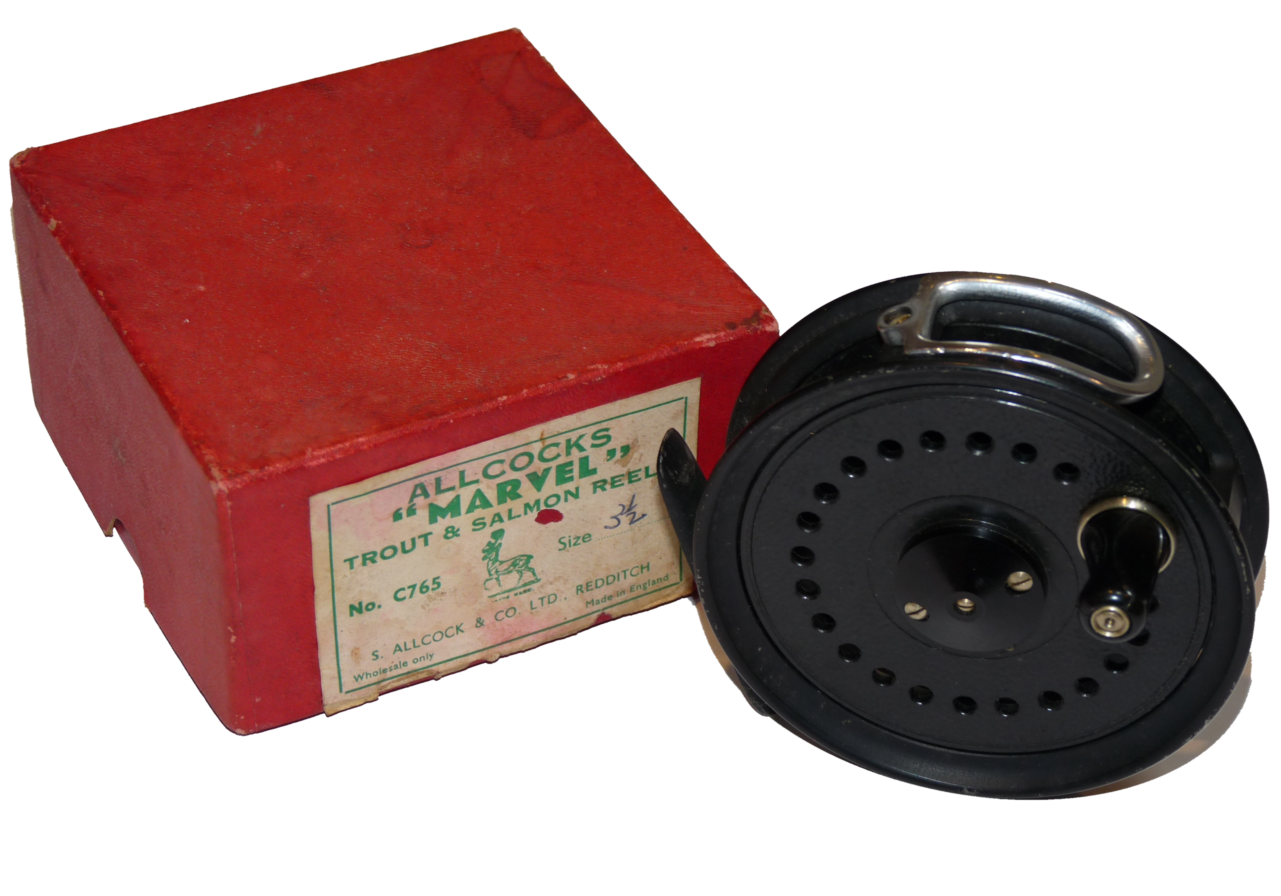 Allcocks Marvel 3 1/2" vintage trout fly reel by J W Young with original red box