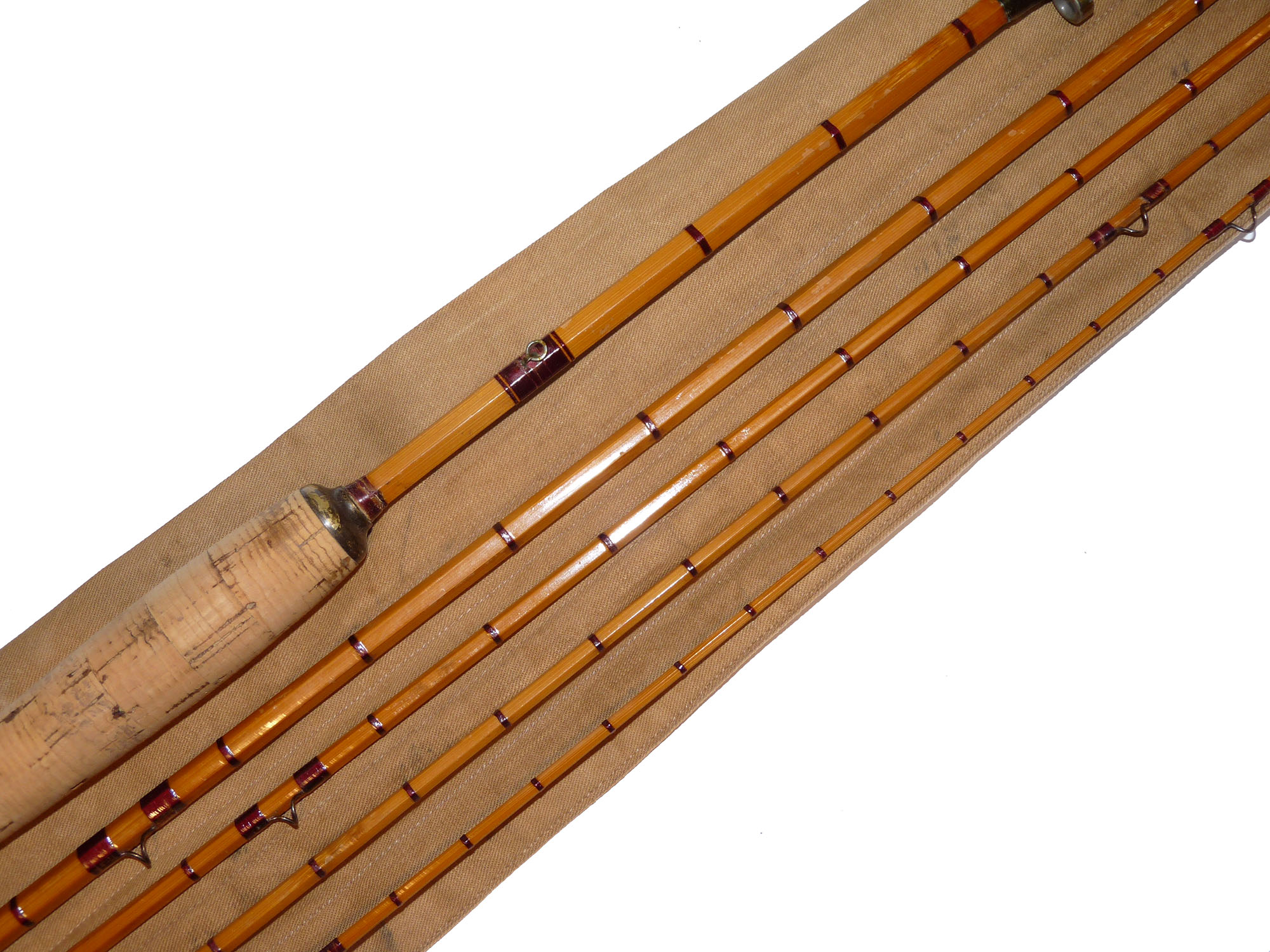 Ogden Smith St James Street London four piece 'two-in-one' cane spinning / trout fly rod with fitted bag 8'4" or 6''2" length