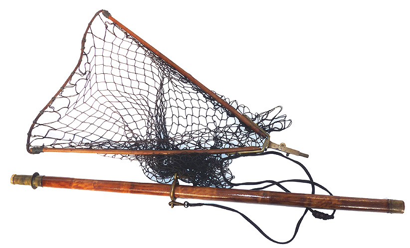 Allcock, Redditch antique landing net, wood frame, ext. bamboo handle, c1900 Victorian collector