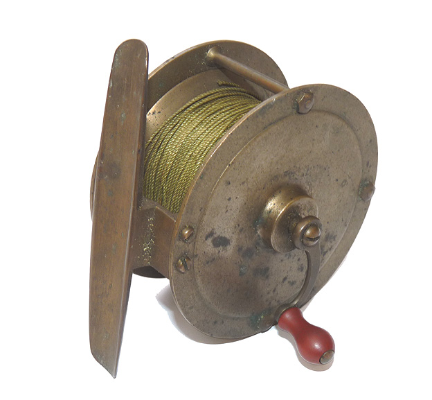 Antique brass salmon crank wind reel c 1870, 3.75" on off ratchet check, xx rare model