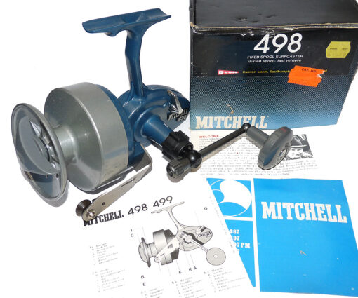 Mitchell 498 surf sea spinning reel, old shop stock, mint in box