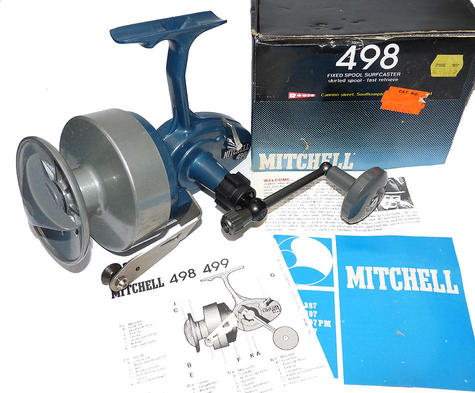 Mitchell 498 surf sea spinning reel, old shop stock, mint in box