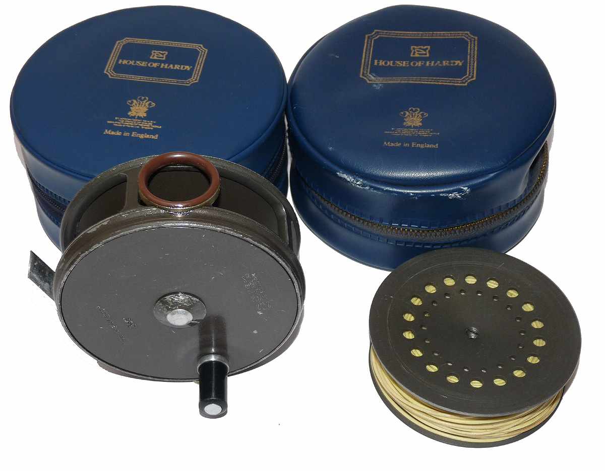 Hardy Perfect 3-5/8" alloy trout fly reel + spare spool + 2 cases