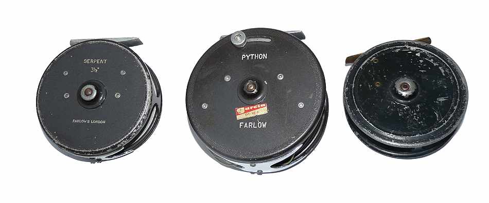 3 Farlow fly reels 4" Python, 3-1/2" Serpent 3-1/2" Holdfast