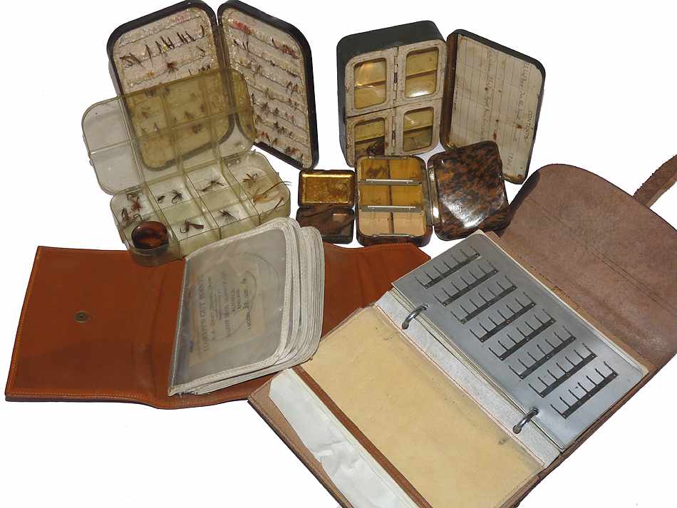 Hardy Neroda x2 vintage fly boxes, Wheatley wallets flies collector