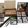 6 wood and plastic fly boxes with trout flies,lures scales, priest