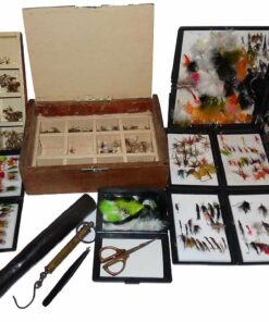 6 wood and plastic fly boxes with trout flies,lures scales, priest
