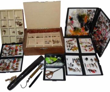 6 wood and plastic fly boxes with trout flies,lures scales, priest